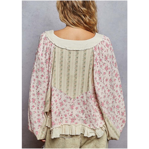 POL floral Print Cotton lace up Balloon Sleeve Blouse - Picture 6 of 7